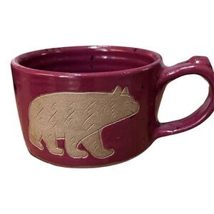 Collection Circle Studio Clay Bear on Burgundy Soup Wide Mouth Pottery Mug